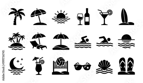 Summer beach vacation icons set, 18 black silhouette tropical holiday symbols, ocean travel and resort leisure vector elements for tourism design