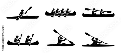 Kayak and canoe icon set, rowing and paddling silhouettes, black water sports vector elements, outdoor river recreation symbols for maps and signage