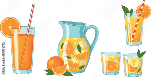 Fresh orange juice drinks collection with glass and pitcher, citrus beverage set with slices and ice vector illustration isolated background