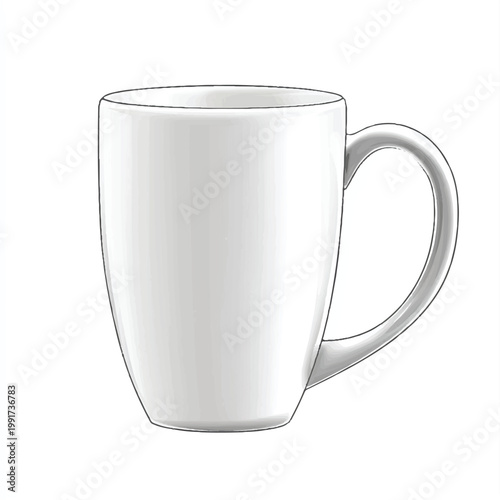 White ceramic mug with handle simple design everyday use classic shape perfect for coffee or tea.