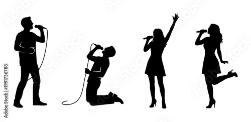 Photography Singer silhouette collection, male and female vocalists performing with micropho