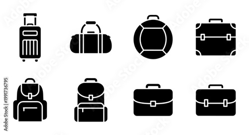 Black luggage icon set, travel bag and suitcase vector collection, minimalist backpack and briefcase symbols for business trip and vacation