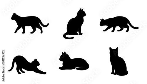 Black cat silhouettes collection, set of 6 domestic feline vector shapes, walking and sitting cat icons, pet animal profile graphics