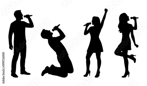 Singer silhouettes set with male and female vocalists, people singing into microphones vector, music performers and karaoke artists collection