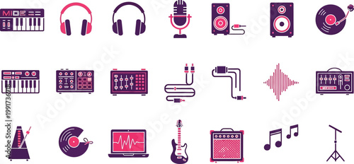 Colorful illustration of various music production and performance equipment icons Vector
