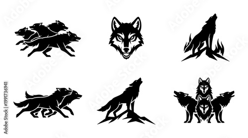 Wolf silhouette logo collection, 6 black animal vector icons, howling and running timber wolf mascots, wild predator head and pack graphics