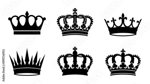 Royal crown silhouette collection, 6 black heraldic tiara icons, vintage king and queen headwear set, elegant imperial coronet vector graphics