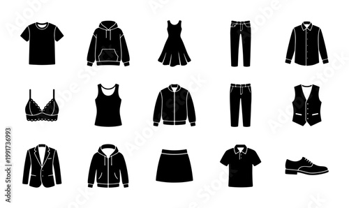 Minimalist clothing icons set, 15 black apparel vector silhouettes, fashion garment symbols for retail and e-commerce apps, casual wear collection