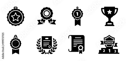 Award and achievement black solid icon set, 8 trophy and medal vector symbols, winner recognition and success reward graphic elements for business