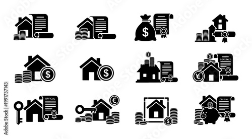 Real estate investment icons set, 12 black mortgage and property finance vector symbols, house loan and banking contract silhouettes for business infographics