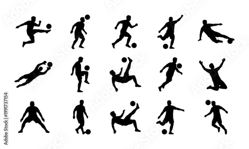 Soccer player silhouettes set, 15 football athlete icons in action poses, black vector figures of men playing soccer for sports design and branding