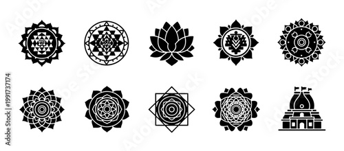 Sacred mandala and lotus flower symbols, 10 spiritual yoga icons in black vector format, geometric zen meditation and temple silhouettes