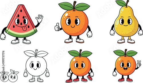 Cute fruit character collection with watermelon orange pear and outline sketch version, cartoon food mascots with different poses vector illustration