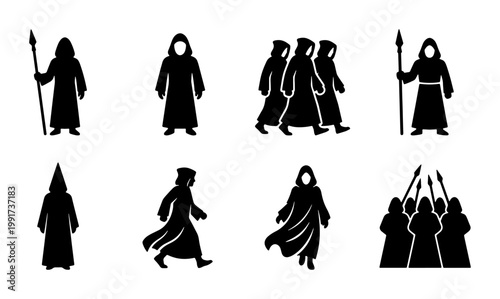 Foto Medieval cultist silhouette icons, hooded monk and wizard character set, dark fa