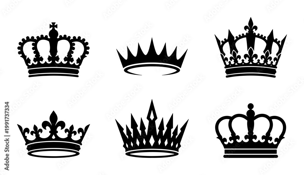 Αυτοκόλλητο Royal crown silhouette collection, 6 black heraldic crowns set, vintage king and