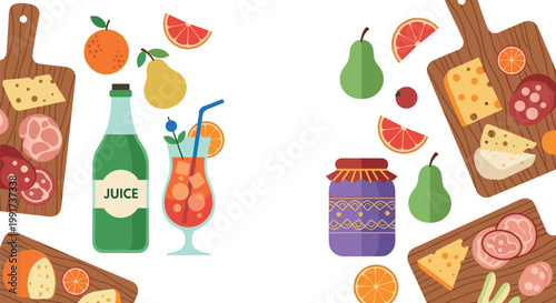 Cheese and charcuterie board with juice bottle and fresh fruits, flat food composition with snacks and drinks vector illustration set