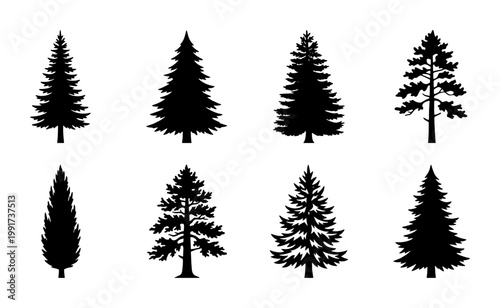 Pine tree silhouette collection, 8 evergreen conifer vector icons, black forest fir and spruce shapes, minimalist nature design elements