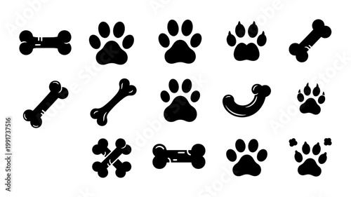 Black dog paw prints and bone icons set, 14 pet animal silhouettes, minimalist veterinary and pet shop graphic elements, flat vector collection
