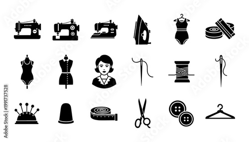 Black sewing icons set, tailor equipment and dressmaking tools vector collection, 18 professional needlework and garment manufacturing symbols