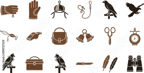 Collection of vintage and mystical symbols featuring hands, birds, and tools Vector