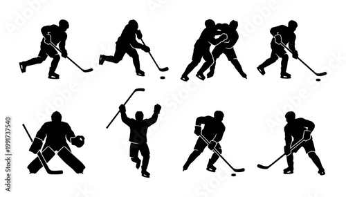Photography Ice hockey player silhouettes set, professional athlete action poses in black ve