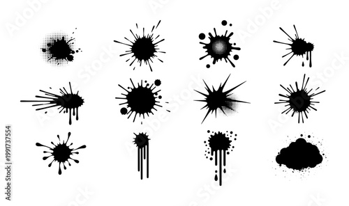 Grunge black ink splatters and paint drips set, 12 abstract liquid splash vector elements, messy artistic inkblot collection for graphic design