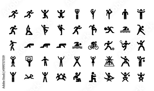 Minimalist sports icons set, 45 black stick figure pictograms of athletes, athletic activity and fitness symbols for competition and training