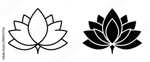 Minimalist lotus flower vector icons, black and white floral lily symbols, zen yoga meditation logo elements, botanical line art set