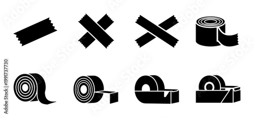 Adhesive tape icon set, black duct tape rolls and strips, sticky masking tape pieces and dispenser vector collection for packaging and office supply