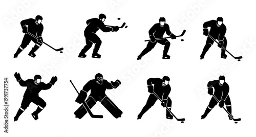 Canvas Print Ice hockey player silhouettes set, 8 black vector icons of athletes in action po