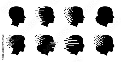 Digital human head silhouettes with pixel glitch effects, set of 8 profile icons with data disintegration, abstract mental health and AI vector symbols