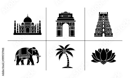 Indian landmark icons set, black silhouette travel symbols of India, collection of 6 vector illustrations including Taj Mahal and elephant
