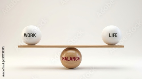 Work life balance concept with spherical weights on wooden seesaw scale over neutral plain background.