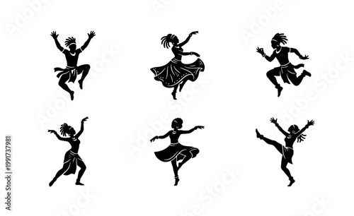 African tribal dancers silhouette set, traditional ethnic folk dance performers, black vector icons of 6 energetic people in motion