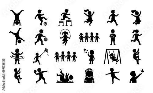 Active children silhouettes set, 24 kids playing and sports icons vector, black childhood activity symbols for playground and school design