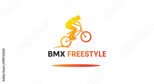 BMX Freestyle Rider Performing Stunt in Mid-Air, Orange and Yellow Logo.