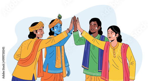 Illustration of Lord Krishna with friends celebrating a festive occasion together.