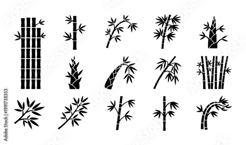 Japanese bamboo silhouette icons, set of 15 black botanical vector elements, minimalist zen bamboo stalks and leaves for spa and wellness branding