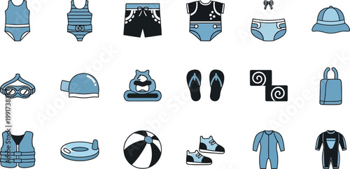 Collection of swimming and beach essentials illustrated in a minimalist style Vector