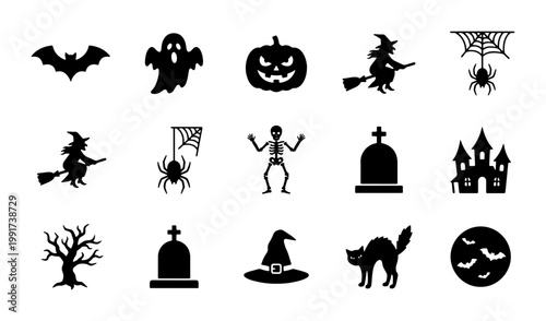 Halloween silhouette icons set, 15 spooky holiday vector elements, black pumpkin ghost and witch symbols, creepy graveyard and haunted house graphics