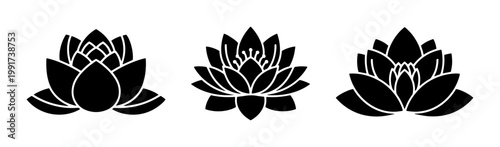 Minimalist lotus flower silhouette icons, set of 3 black water lily vector illustrations, zen floral symbols for yoga and wellness branding