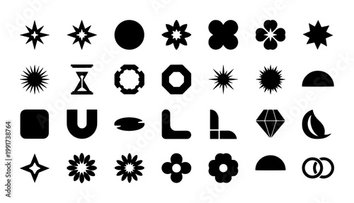 Minimalist brutalist shapes collection, set of 28 black geometric icons, abstract y2k aesthetic symbols for modern branding and graphic design