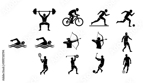 Athletic sports icons set, black silhouette athlete pictograms for competition and fitness, 13 vector elements for olympic games and training