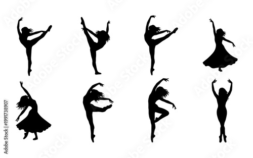 Graceful ballet dancer silhouettes set, 8 black vector icons of female performers, elegant contemporary dance poses and gymnastic movements