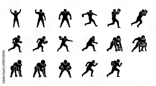 American football player silhouettes set, 17 athlete icons in action poses, black vector sports figures for team branding and tournament graphics