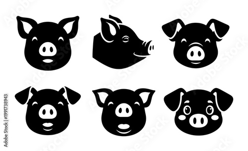 Minimalist pig head icons set, black silhouette swine face illustrations, 6 vector farm animal avatars for butcher shop branding and organic food logos