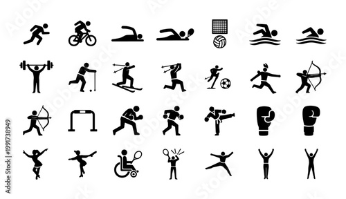 Olympic sports icons set, 28 black stick figure athlete pictograms, minimalist athletic competition symbols, summer and winter games vector collection