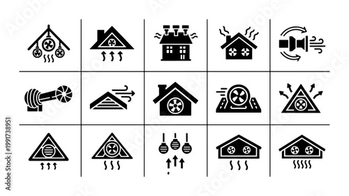 Roof ventilation icons set, 15 black house attic exhaust fan vector symbols, home cooling and air circulation system signs for architectural diagrams