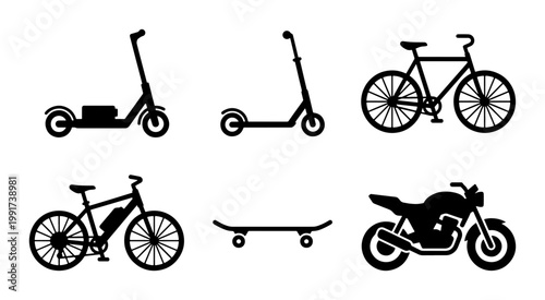 Urban transportation silhouette icons, electric scooter and bicycle vector set, motorcycle and skateboard symbols for city mobility and eco travel