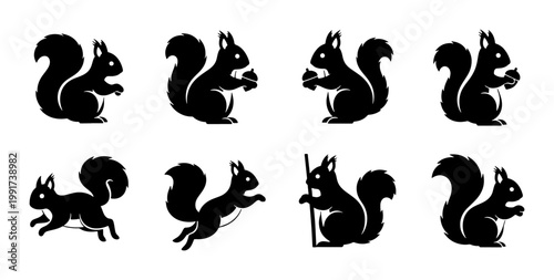 Squirrel silhouette vector set, 8 black squirrel icons in various poses, forest animal silhouettes for nature logos and wildlife branding